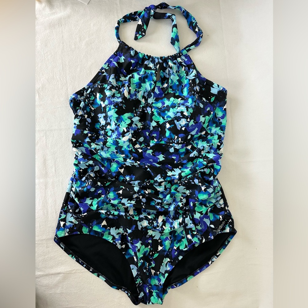 SPEEDO Women’s Bathingsuit Abstract Print Halter Swimsuit Ruched, Size XXL